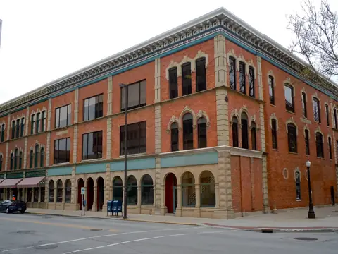 A brick block of downtown Fort Wayne offices in the Landing Historic District