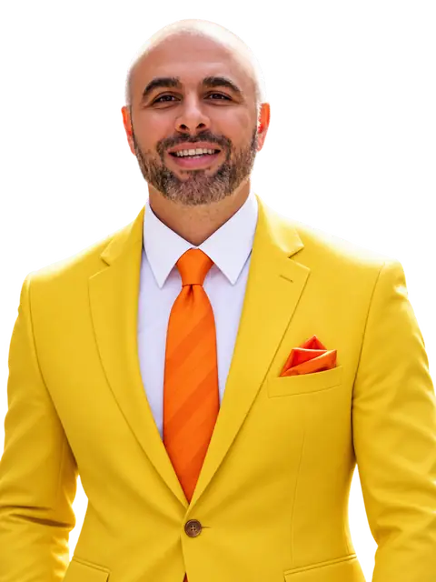 The founder of this referral line, in a yellow suit