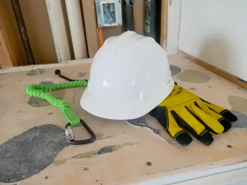 A white hard hat and yellow work gloves resting on a workbench